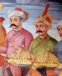 Offering bearers at the Reception for the Ambassador of the Grand Moghul at the Court of the Shah Tahmasp (1573-76) (detail)